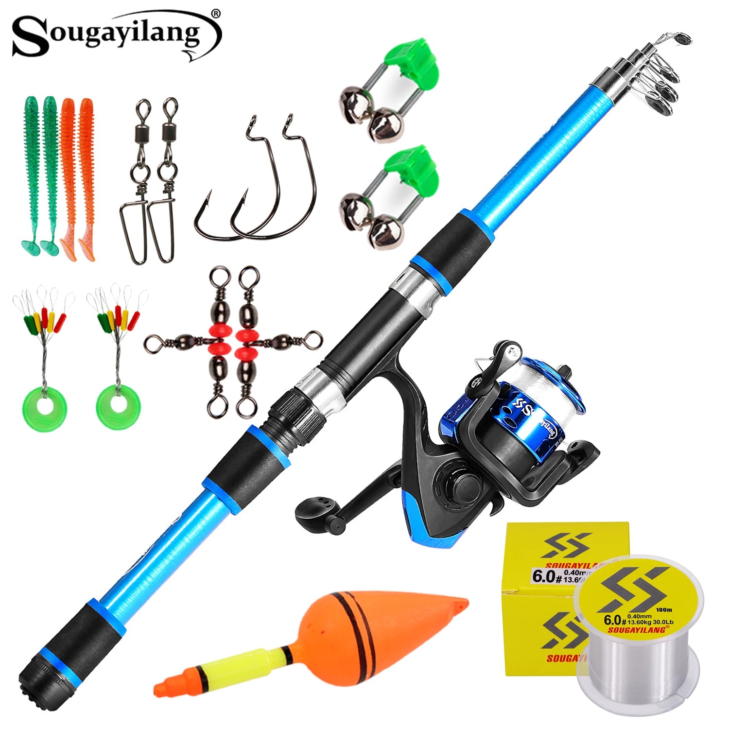 Sougayilang Telescopic Fishing Rod and Reel Set Portable Fiberglass Rod and 5.2:1Gear Ratio Reel with Fishing Hook Lure Line Kit