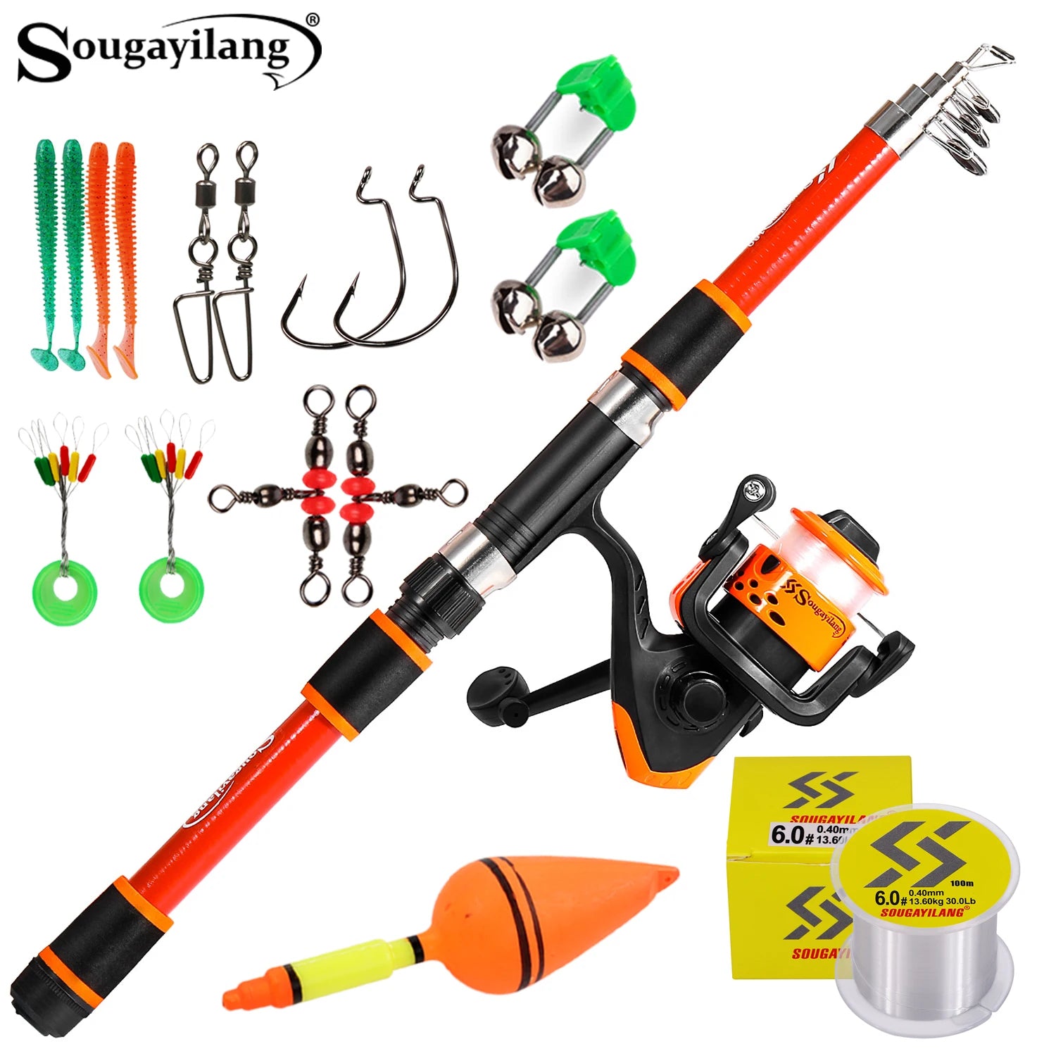 Sougayilang Telescopic Fishing Rod and Reel Set Portable Fiberglass Rod and 5.2:1Gear Ratio Reel with Fishing Hook Lure Line Kit