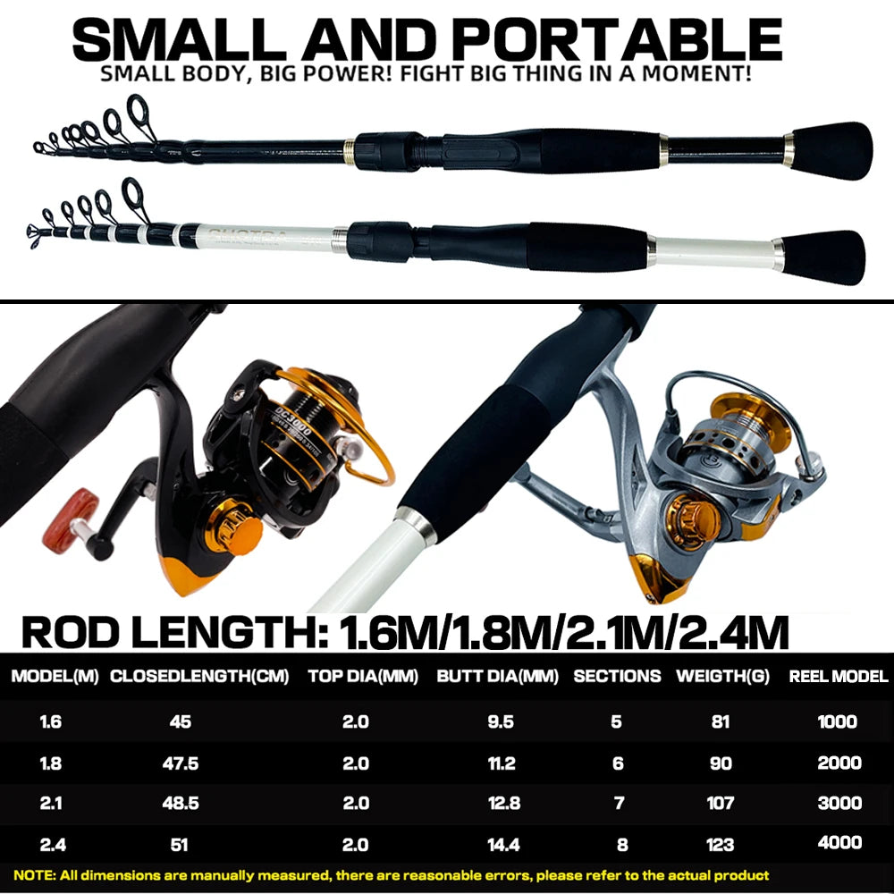 GHOTDA Fishing Rod Reel Combo 1.6~2.4m Ultralight Carbon Fiber Telescopic Lure Casting Rod and Spinning Reel for Carp Fishing