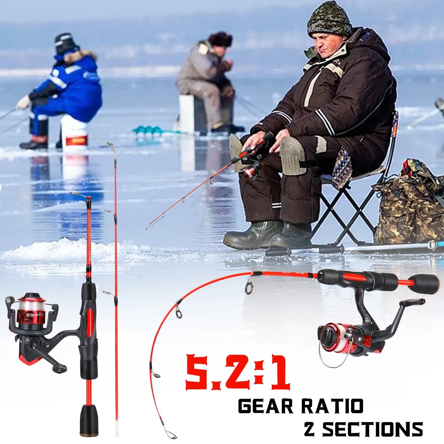 Sougayilang Ice Fishing Rod Combo Portable 2 Sections Ultralight Winter Fishing Rod and Reel Set 71cm 68cm Spinning Rod Set