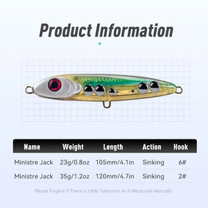 LEYDUN Ministre Jack Stickbait Fishing Lures 105mm 23g 120mm 35g Sinking Pencil Good Swimming Hard Baits Sea Bass Wobblers Lure