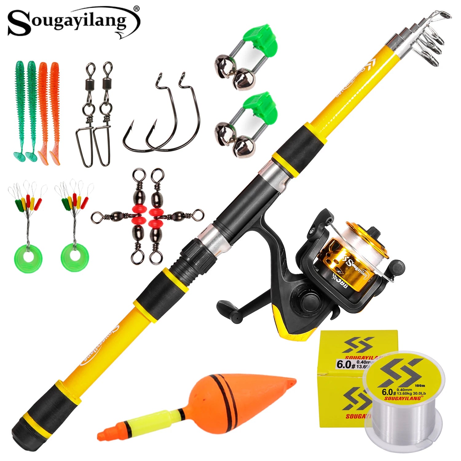Sougayilang Telescopic Fishing Rod and Reel Set Portable Fiberglass Rod and 5.2:1Gear Ratio Reel with Fishing Hook Lure Line Kit