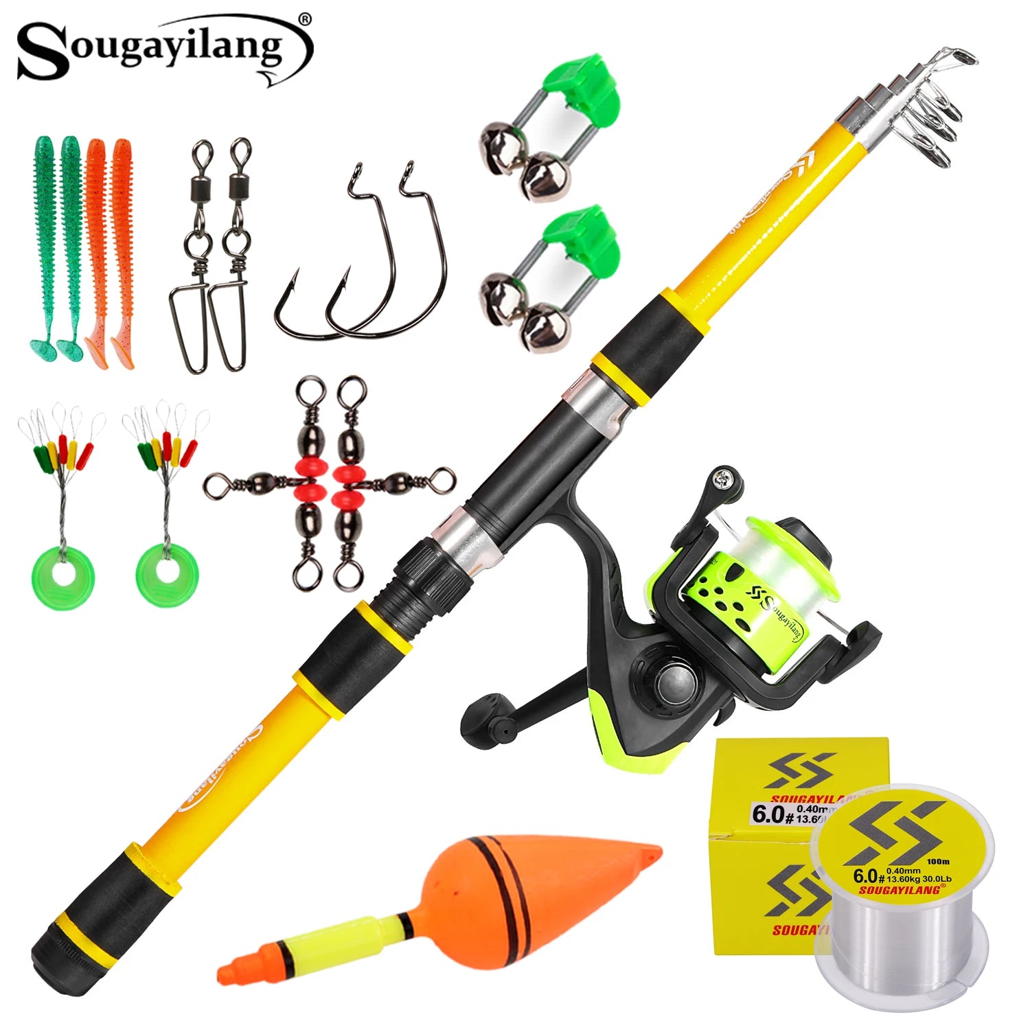 Sougayilang Telescopic Fishing Rod and Reel Set Portable Fiberglass Rod and 5.2:1Gear Ratio Reel with Fishing Hook Lure Line Kit