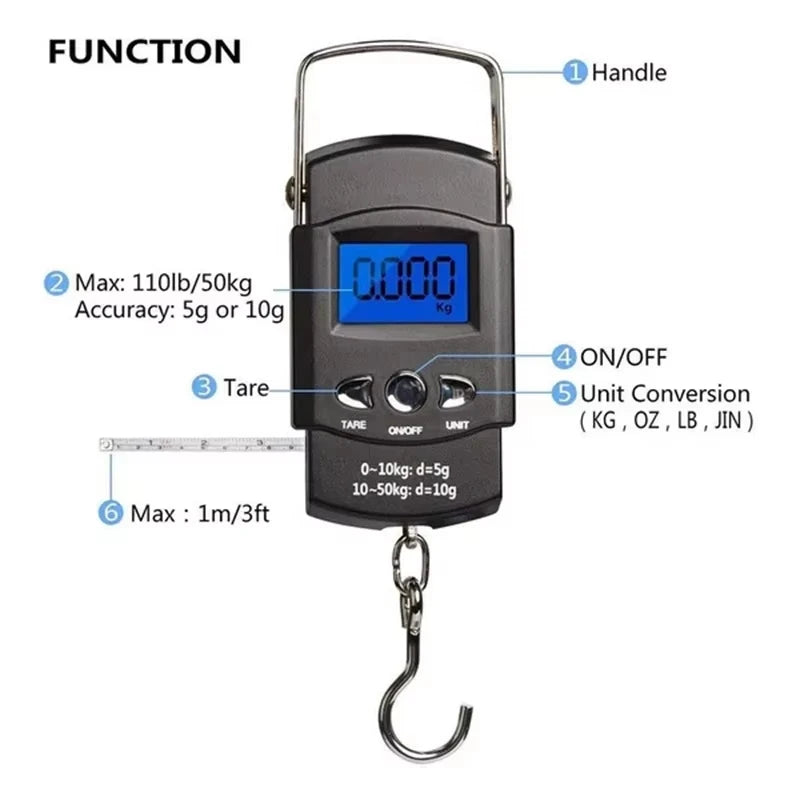 Handheld Hanging Scale 50kg Portable Digital Hook Scale Battery Powered ABS Plastic LCD Backlight Travel Luggage Courier Use